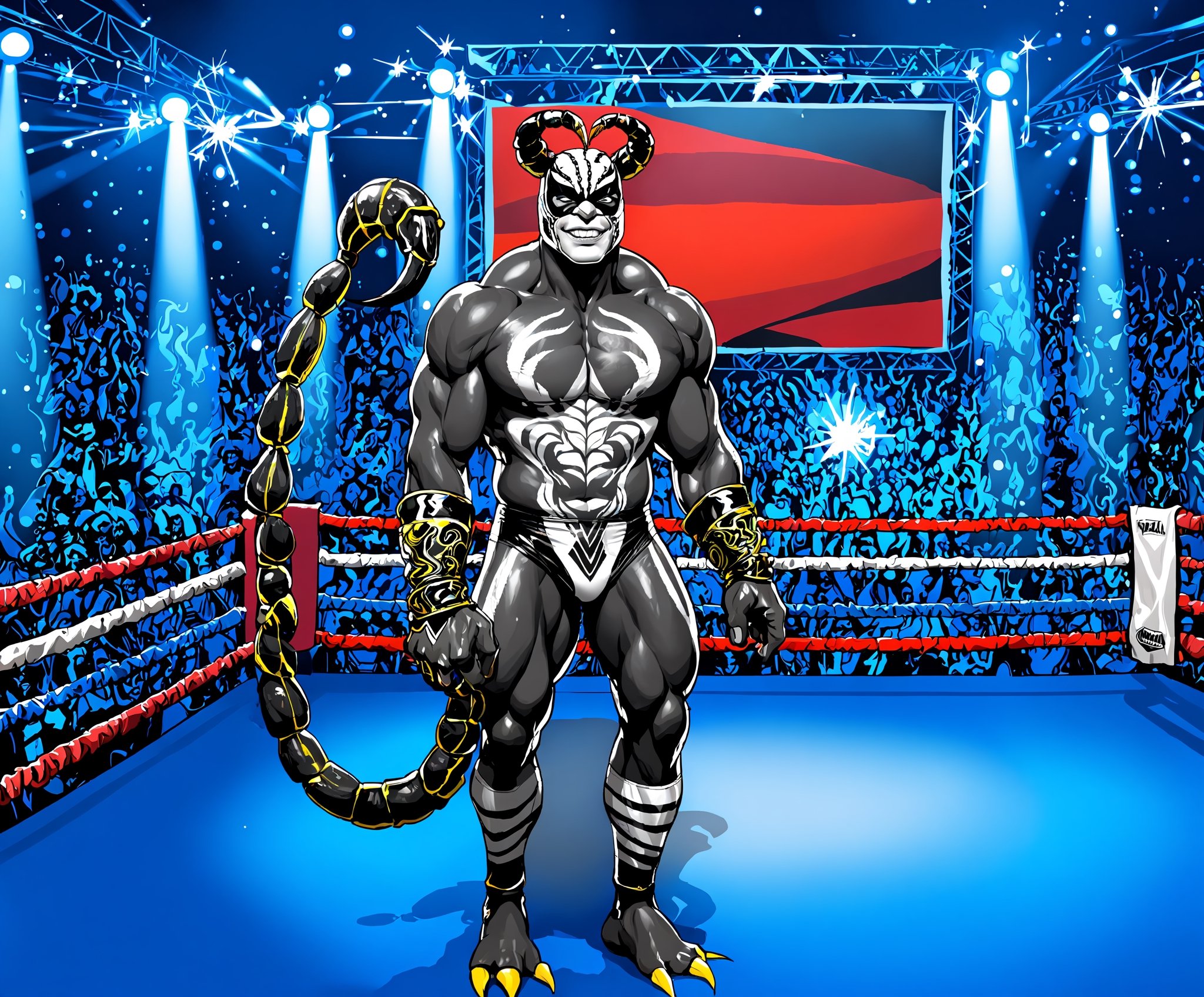 A comical wacky anthropomorphic cartoon scorpion character thats a pro wrestler, black and white facepaint black and white costume, best quality, masterpiece, vivid colors, absurdres, intricate, elaborate, ultra-detailed, Fizzlespell style