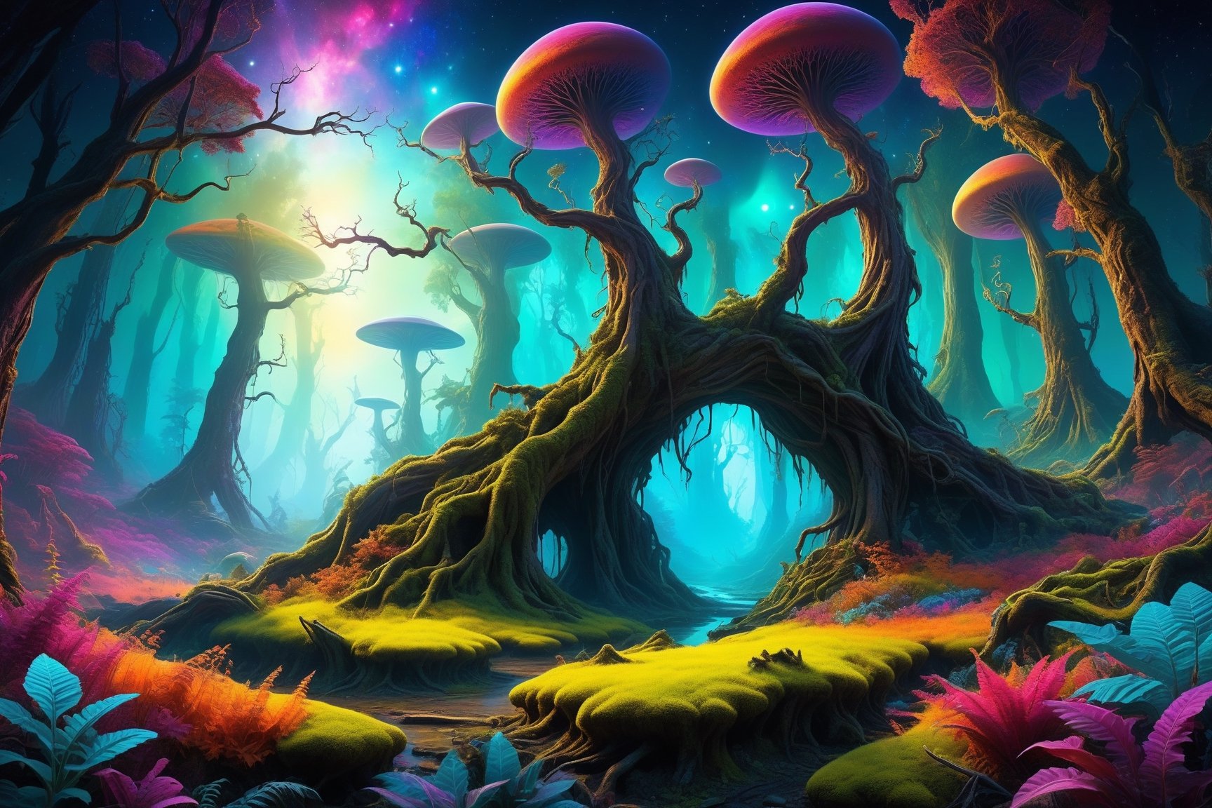 A cosmic landscape scene of an alien overgrown creepy forest lurking trees magical world, vivid rich colors, ancient abandoned unkown jungle alien ruins, colorful enchantee mystical forest world, crazy psychedelic auroras in star filled twilight sky, skeletal otherworldly trees and vines bushes, flowing glowing bioluminescent rivers, huge looming ancient world trees that defy comprehension, psychedelic colorscape, best quality, perfect detail, vivid color saturation, masterpiece, absurdres, Psychedelic alien worlds, sprawling cosmic colorscapes, ultra-detailed, intricate, elaborate, vivid, radiant, vibrant, smooth, no humans, glowing arcane magical forest world lush vivid vibrant alien planet, (forest jungle not swamp fungal),Psychedelic alien worlds ,Sprawling cosmic colorscapes 