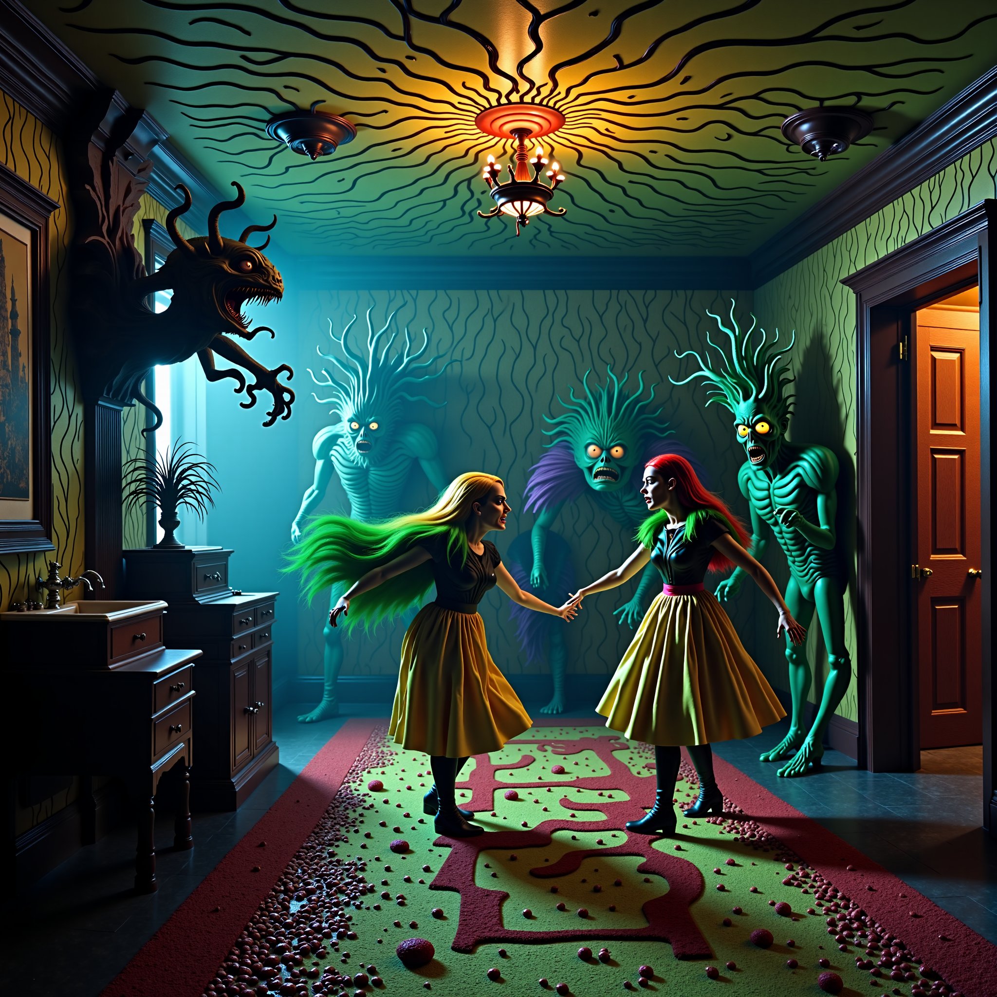 Eerie creepy crazy colorful creature infested  old mansion, mutated monsters lurking, cazy creature's prowling, these two girls are lost in the most surreal strange scary old mansion, trying to escaoe the horrors within 