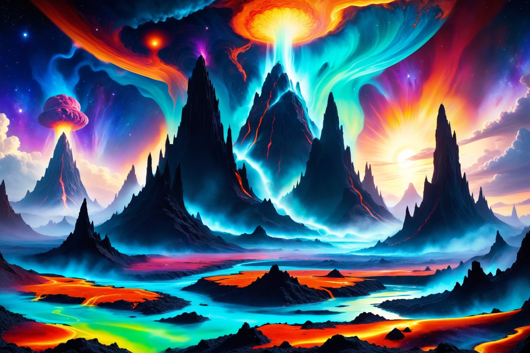 A cosmic landscape scene of an alien melty ooze magma slime geyser ooze volcano magical world, vivid rich colors, ancient abandoned unkown alien ruins, colorful goo slime ooze inferno world, close in orbit to a giant crazy star, crazy psychedelic auroras in star filled twilight sky, gushing goo geysers, flowing melty magma ooze rivers, huge looming slime spouting volcanic structures that defy comprehension, psychedelic colorscape, best quality, perfect detail, vivid color saturation, masterpiece, absurdres, Psychedelic alien worlds, sprawling cosmic colorscapes, ultra-detailed, intricate, elaborate, vivid, radiant, vibrant, smooth, no humans, partially anatomic ooze planet,Psychedelic alien worlds ,Sprawling cosmic colorscapes 