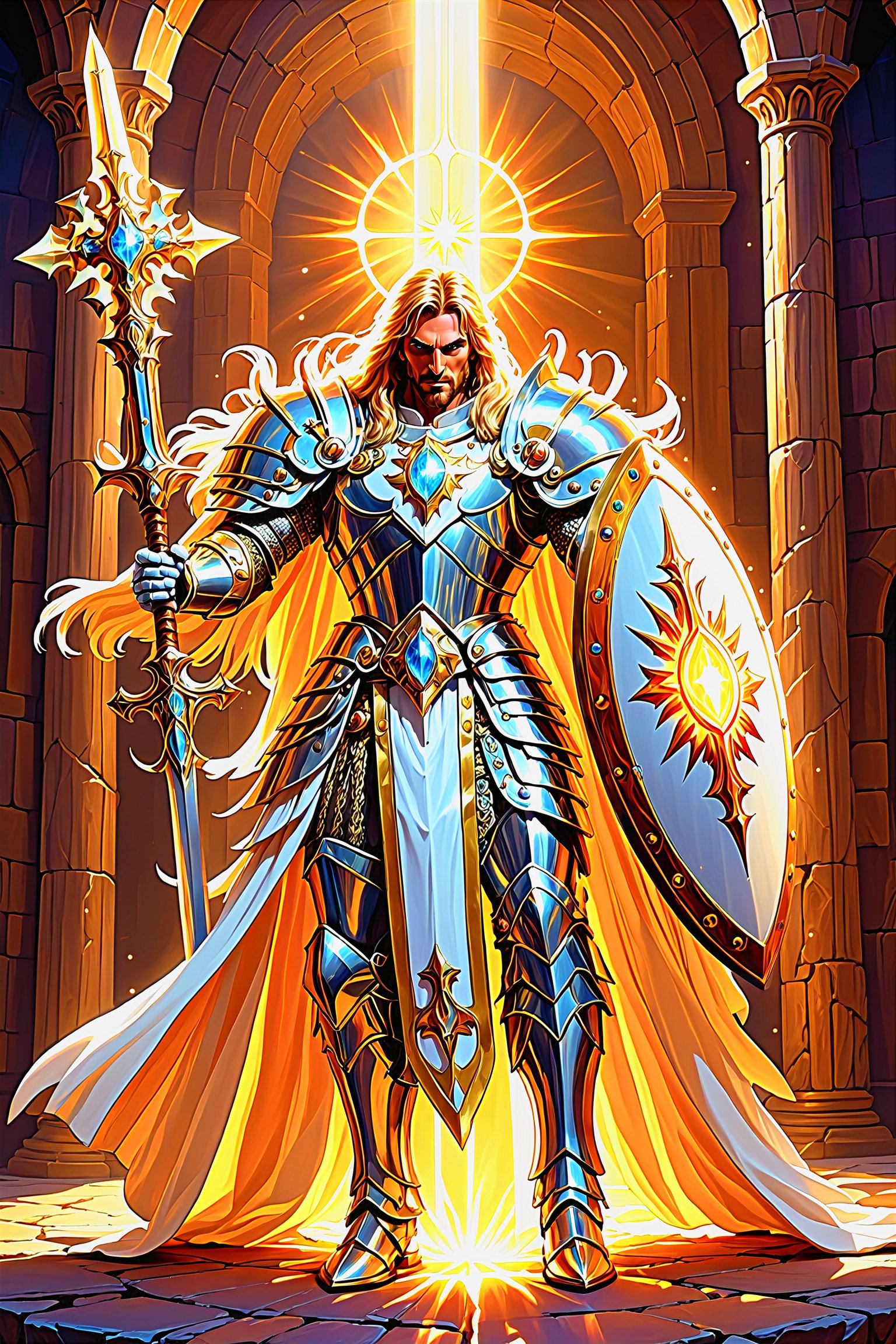 A paladin glowing holy light in Everquest classic box art style, power metal manowar judas priest iron maiden megadeath death carcass cover art style, best quality, psychedelic, vivid colors, trippy, colorful, original, unique, intriguing, showcase the radiant glory of this holy crusader, gleaming pristine shimmering plate armor, shield, glowing so brilliantly radiantly blinding white holy divine light from raised warhammer in hand, angelic divine heavenly holy city in the sky sunlight rays beams of light celestial beings ultimate godly divine power of justice and good and truth and righteousness, please get it right this time, psychedelic alien worlds, sprawling cosmic colorscapes, 3d toon style,   