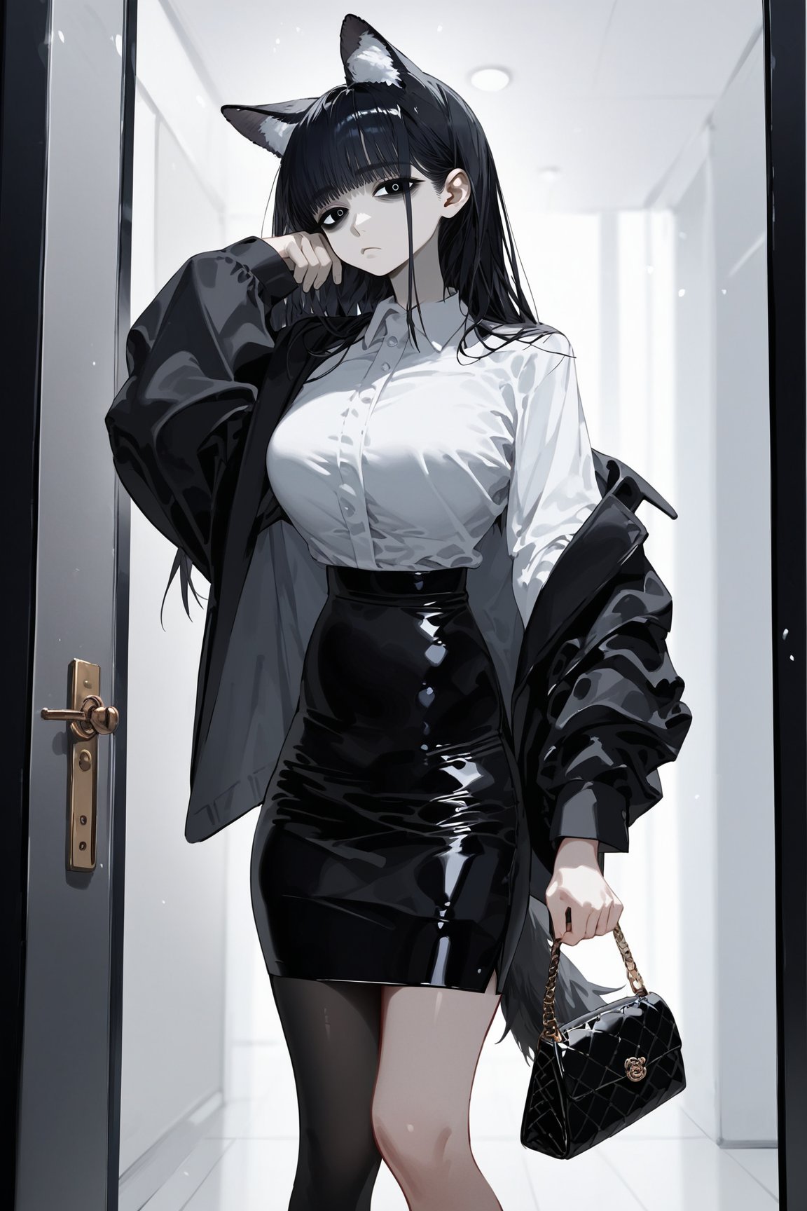 score_9, score_8, score_7, curvy, 1girl, solo, curvy, pale white skin, tall, big blue eyes, long, dark hair, tired, (long grey formal jacket), big_boobs, (holding a handbag), fluffy animal ears, white fluff, black wolf ears, black dog tail, (white formal shirt)), bang, knee long pencil skirt, black tights, mouth closed, (looking at viewer), indoor, (apartment entrance door background), viewed_from_side, sagawa, detailed character,Minimalism interior