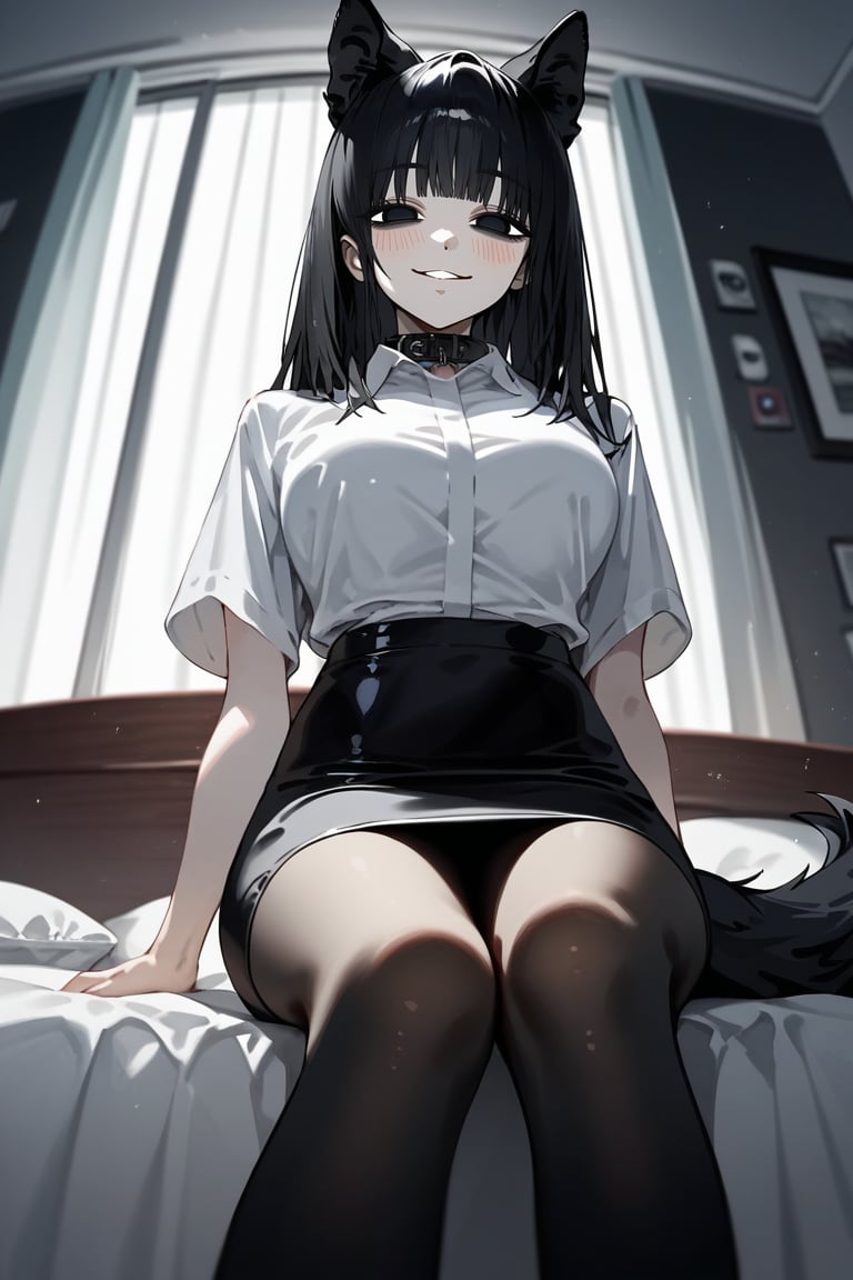 score_9, score_8, score_7, curvy, 1girl, solo, curvy, tall, big blue eyes, long, dark hair, tired, blushing, smiling seductively, big_boobs, pale skin, black dog collar, sitting on bed, fluffy animal ears, white fluff, black wolf ears, black dog tail, (white formal shirt)), bang, pov headpats,knee long pencil skirt, black tights, mouth closed, (looking at viewer), indoor, (apartment bedroom), from below, viewed_from_side, sagawa, detailed character,Minimalism interior