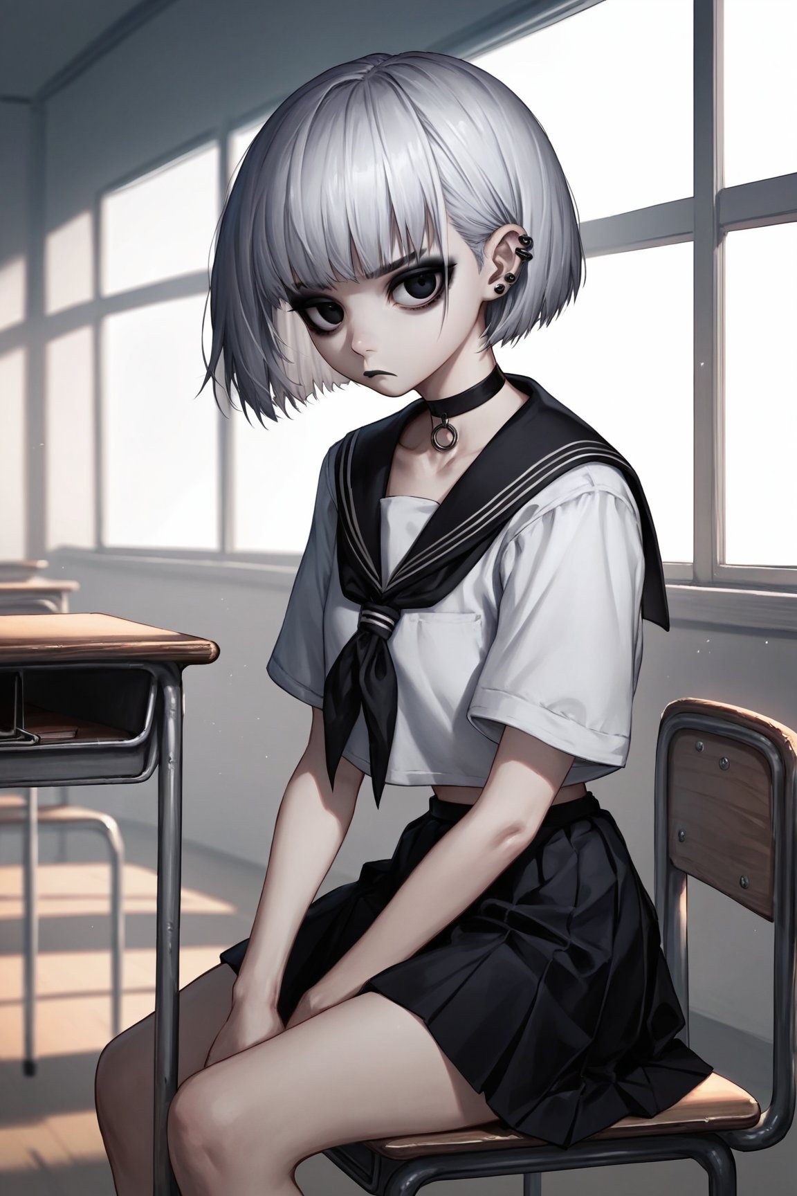 score_9, score_8, score_7, 1girl, solo, big eyes short silver hair, ear piercing, black lipstick, bored, (frown), big_boobs, goth, tall, black school uniform, choker, bangs on both sides of the face, short skirt, mouth closed, (looking at viewer), indoor, (empty classroom background), seating on school desk, viewed_from_side, dimly lit, sagawa, scenery, black eyes, bob hairstyle, detailed character, thick eyeliner, wide body