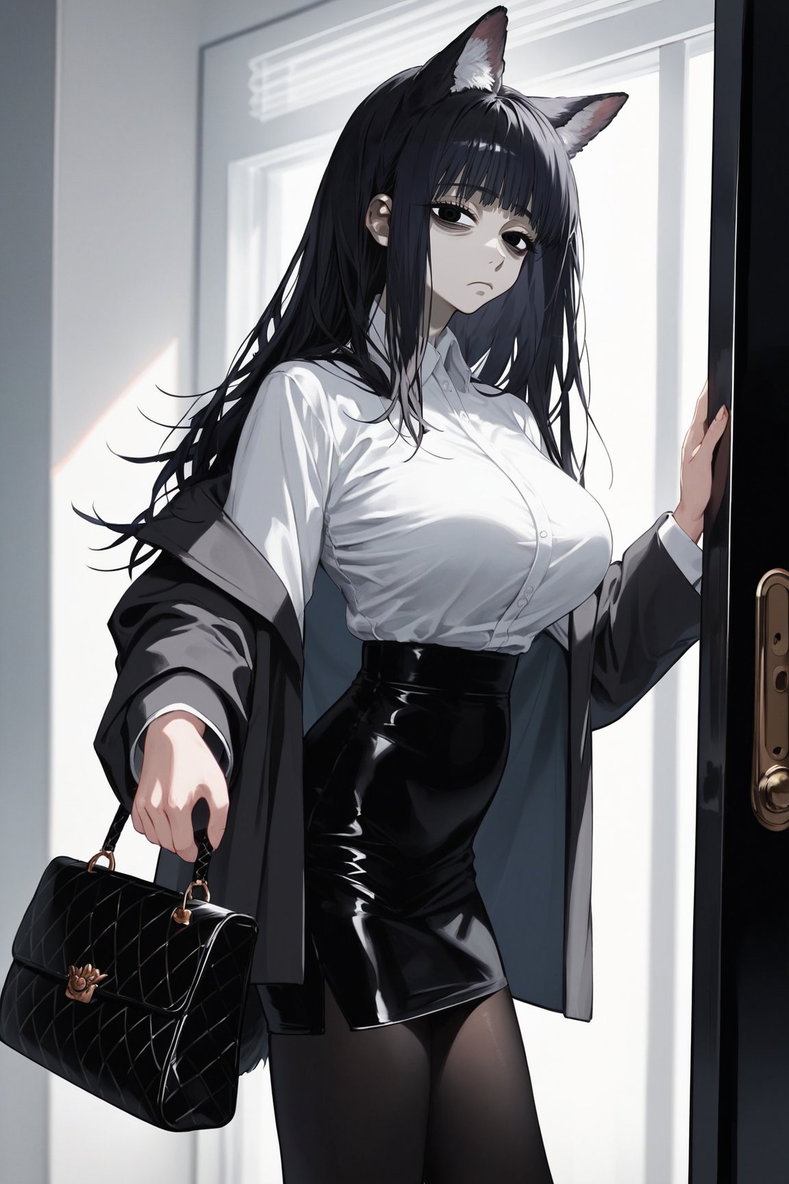 score_9, score_8, score_7, curvy, 1girl, solo, curvy, tall, big blue eyes, long, dark hair, tired, (long grey formal jacket), big_boobs, (holding a handbag), fluffy animal ears, white fluff, black wolf ears, black dog tail, (white formal shirt)), bang, knee long pencil skirt, black tights, mouth closed, (looking at viewer), indoor, (apartment entrance door background), viewed_from_side, sagawa, detailed character,Minimalism interior