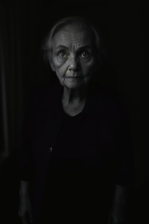 solo, (looking at viewer), facing viewer, surrounded by darkness, fully dark background, emerges from backgorund darkness, slightly lightened face, realistic, old woman, standing still, menacing, unsettling, monochrome, upper body