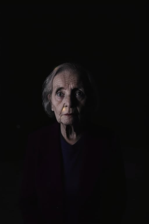 solo, (looking at viewer), facing viewer, surrounded by darkness, fully dark background, emerges from backgorund darkness, slightly lightened face, camera is the weak light source, realistic, old woman, standing still, menacing, unsettling, monochrome, upper body