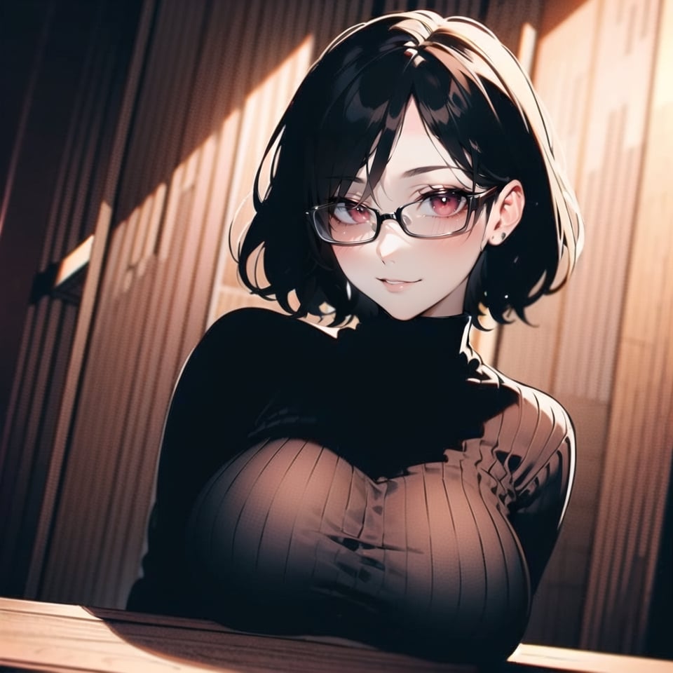 1girl, female, short hair, black hair, (yandere), black sweater, comfy clothes, beautiful face, cute, looking at viewer, soft lips, red eyes, seductive look, soft smile, happy, red hair clipper, chubby face, round face, round big glasses, innocent, big breasts, curvy, indoor background, wooden cabin, wooden walls, ,round_eyewear,MeikoDef