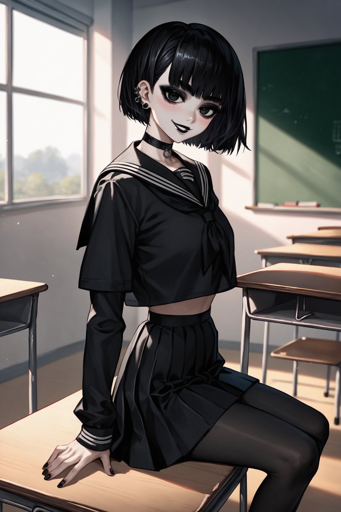 score_9, score_8, score_7, 1girl, solo, big eyes short silver hair, ear piercing, blushing, black lipstick, mischievous smile, seductive eyes, black high tights big_boobs, goth, tall, delinquent, black school uniform, choker, bangs on both sides of the face, short skirt, mouth closed, (looking at viewer), indoor, (empty classroom background), seating on school desk, viewed_from_side, dimly lit, sagawa, scenery, black eyes, bob hairstyle, detailed character, thick eyeliner, wide body