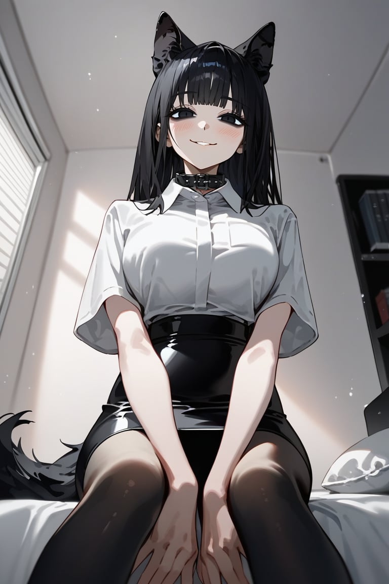 score_9, score_8, score_7, curvy, 1girl, solo, curvy, tall, big blue eyes, long, dark hair, tired, blushing, smiling seductively, big_boobs, pale skin, black dog collar, sitting on bed, fluffy animal ears, white fluff, black wolf ears, black dog tail, (white formal shirt)), bang, pov headpats,knee long pencil skirt, black tights, mouth closed, (looking at viewer), indoor, (apartment bedroom), from below, viewed_from_side, sagawa, detailed character,Minimalism interior