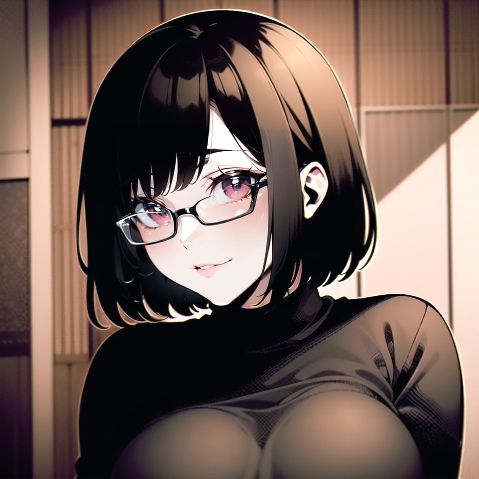 1girl, female, short hair, black hair, (yandere), black sweater, comfy clothes, beautiful face, cute, looking at viewer, soft lips, red eyes, seductive look, soft smile, happy, red hair clipper, chubby face, round face, round big glasses, innocent, big breasts, curvy, indoor background, wooden cabin, wooden walls, 