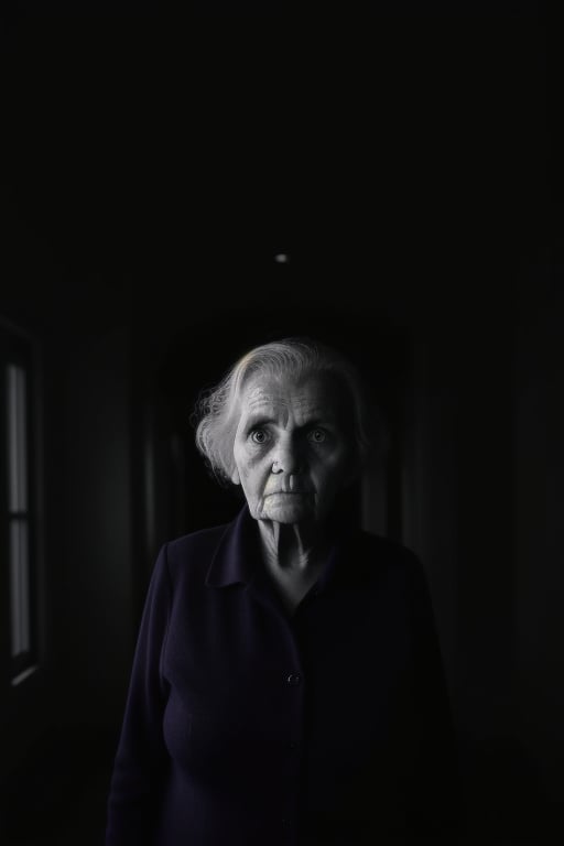 solo, (looking at viewer), facing viewer, surrounded by darkness, fully dark background, emerges from backgorund darkness, slightly lightened face, camera is the weak light source, realistic, old woman, standing still, menacing, unsettling, monochrome, upper body