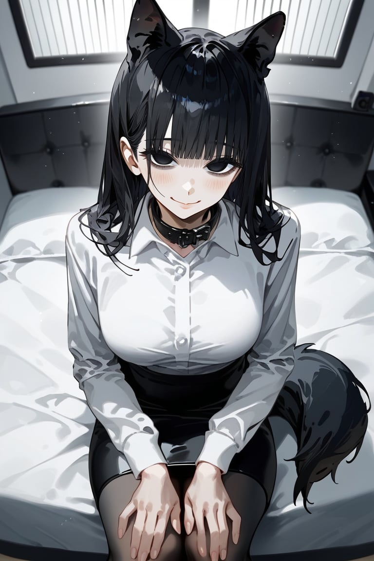 score_9, score_8, score_7, curvy, 1girl, solo, curvy, tall, big blue eyes, long, dark hair, tired, blushing, smiling seductively, big_boobs, pale skin, black dog collar, sitting on bed, fluffy animal ears, (white fluff), black wolf ears, black dog tail, ((white formal shirt)), long sleeves, bang, pov headpats,viewer's hand on hair,knee long pencil skirt, black tights, mouth closed, (looking at viewer), indoor, (apartment bedroom), from above, viewed_from_side, sagawa, detailed character,Minimalism interior