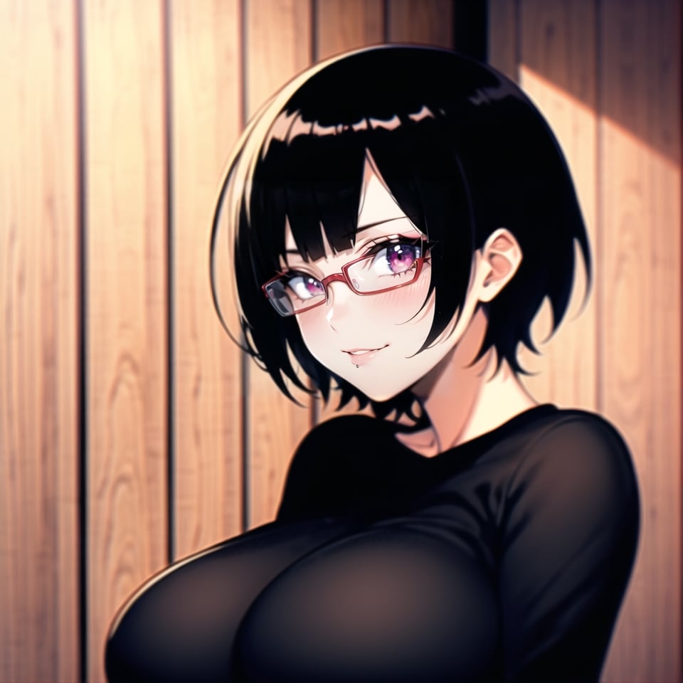 1girl, female, short hair, black hair, (yandere), black sweater, comfy clothes, beautiful face, cute, looking at viewer, soft lips, red eyes, seductive look, soft smile, happy, red hair clipper, chubby face, round face, round big glasses, innocent, big breasts, curvy, indoor background, wooden cabin, wooden walls, 