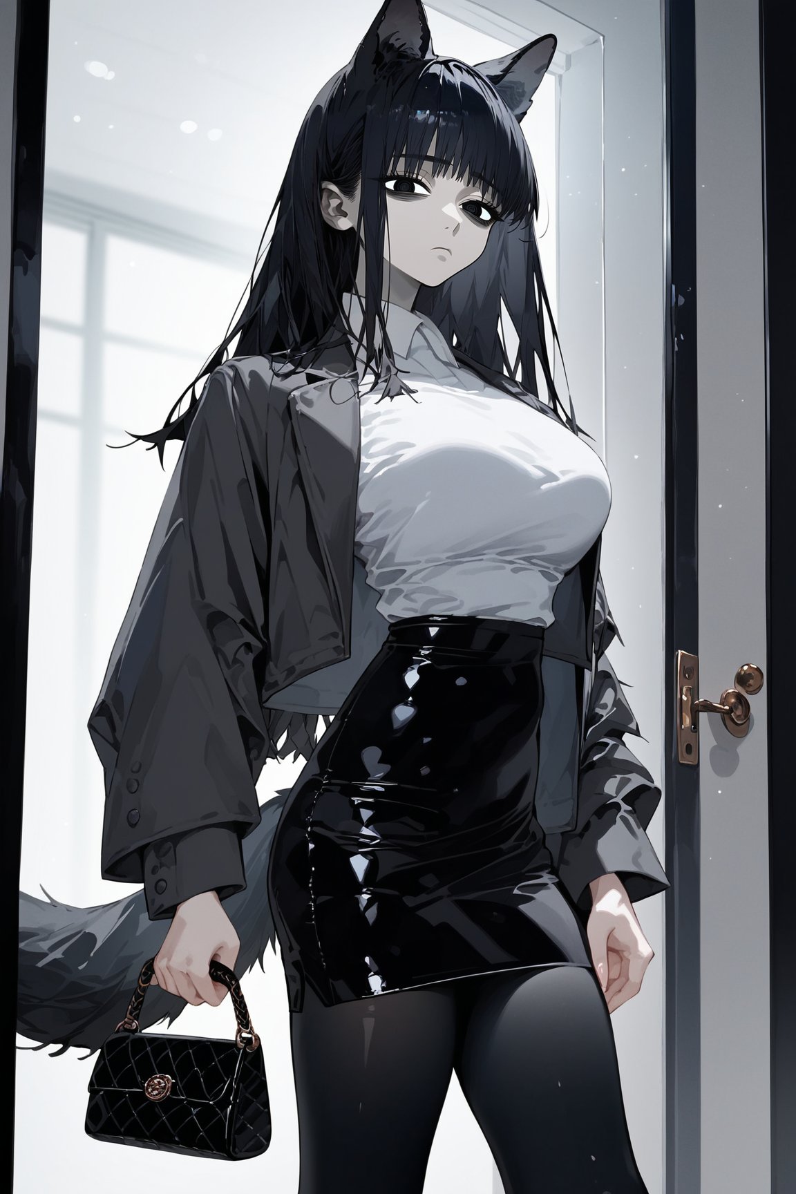 score_9, score_8, score_7, curvy, 1girl, solo, curvy, pale white skin, tall, big blue eyes, long, dark hair, tired, (long grey formal jacket), big_boobs, (holding a handbag), fluffy animal ears, white fluff, black wolf ears, black dog tail, (white formal shirt)), bang, knee long pencil skirt, black tights, mouth closed, (looking at viewer), indoor, (apartment entrance door background), viewed_from_side, sagawa, detailed character,Minimalism interior