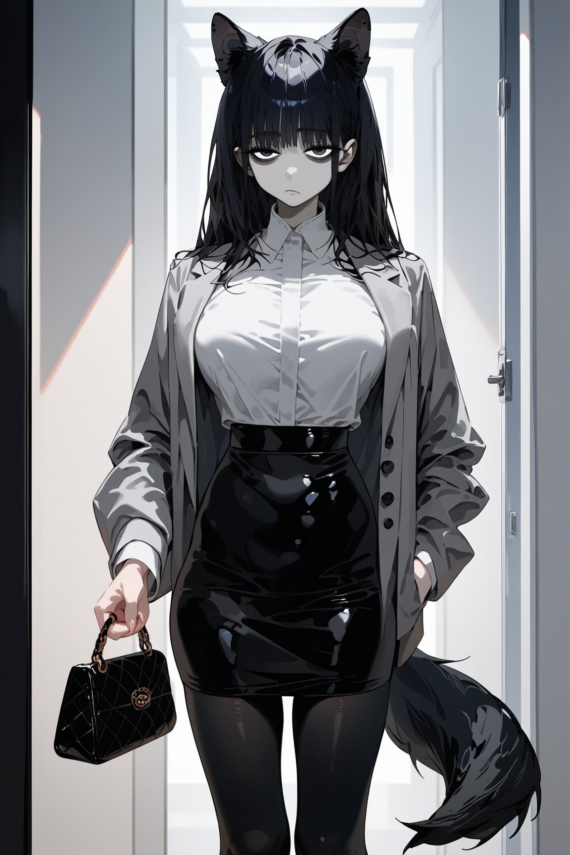 score_9, score_8, score_7, curvy, 1girl, solo, curvy, tall, big blue eyes, long, dark hair, tired, (long grey formal jacket), big_boobs, (holding a handbag), pale skin, fluffy animal ears, white fluff, black wolf ears, black dog tail, (white formal shirt)), bang, knee long pencil skirt, black tights, mouth closed, (looking at viewer), indoor, (apartment entrance door background), viewed_from_side, sagawa, detailed character,Minimalism interior