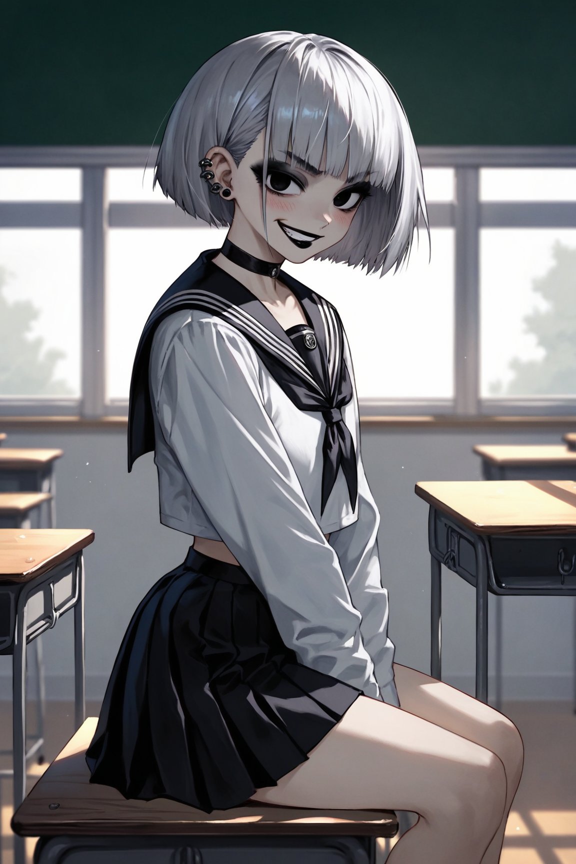 score_9, score_8, score_7, 1girl, solo, big eyes short silver hair, ear piercing, blushing, black lipstick, mischievous grin, mocking, big_boobs, goth, tall, delinquent, black school uniform, choker, bangs on both sides of the face, short skirt, mouth closed, (looking at viewer), indoor, (empty classroom background), seating on school desk, viewed_from_side, dimly lit, sagawa, scenery, black eyes, bob hairstyle, detailed character, thick eyeliner, wide body