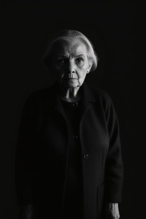 solo, (looking at viewer), facing viewer, surrounded by darkness, black background, emerges from darkness, no light, realistic, old woman, standing still, menacing, unsettling, monochrome, upper body