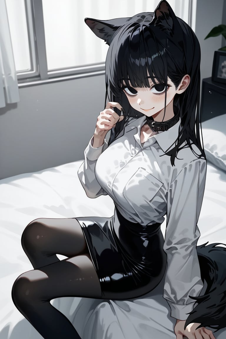 score_9, score_8, score_7, curvy, 1girl, solo, curvy, tall, big blue eyes, long, dark hair, tired, blushing, smiling seductively, big_boobs, pale skin, black dog collar, sitting on bed, fluffy animal ears, white fluff, black wolf ears, black dog tail, ((white formal shirt)), long sleeves, bang, pov headpats,viewer's hand on hair,knee long pencil skirt, black tights, mouth closed, (looking at viewer), indoor, (apartment bedroom), from above, viewed_from_side, sagawa, detailed character,Minimalism interior