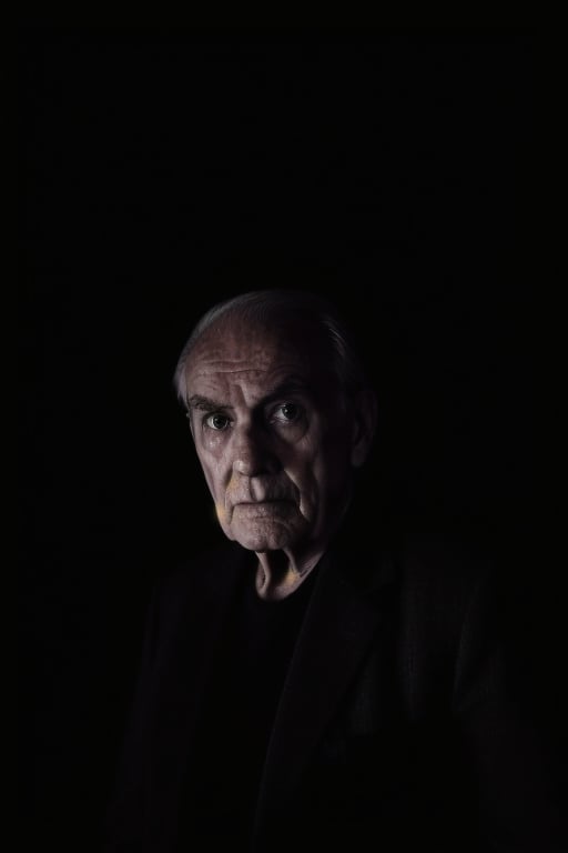 solo, (looking at viewer), facing viewer, surrounded by darkness, fully dark background, emerges from backgorund darkness, slightly lightened face, camera is the weak light source, realistic, old man, standing still, menacing, unsettling, monochrome, upper body