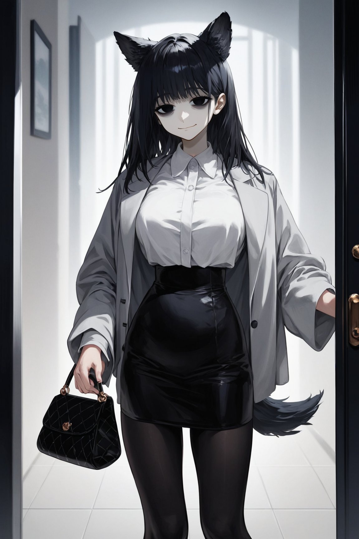 score_9, score_8, score_7, curvy, 1girl, solo, curvy, wide waist, tall, big blue eyes, long, dark hair, tired, (long grey formal jacket), big_boobs, (holding a handbag), fluffy animal ears, white fluff, black wolf ears, black dog tail, (white formal shirt)), bang, knee long pencil skirt, black tights, mouth closed, (looking at viewer), indoor, (apartment entrance door background), viewed_from_side, sagawa, detailed character,Minimalism interior