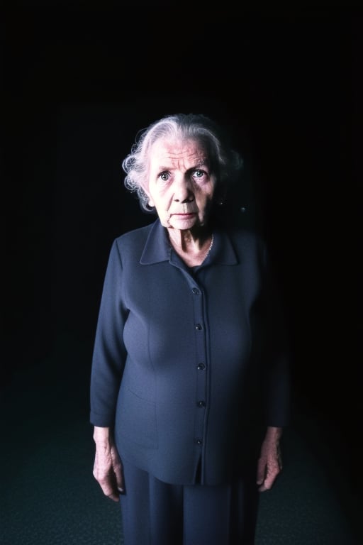 solo, (looking at viewer), facing viewer, surrounded by darkness, fully dark background, emerges from backgorund darkness, slightly lightened face, camera is the weak light source, realistic, old woman, standing still, menacing, unsettling, monochrome, upper body