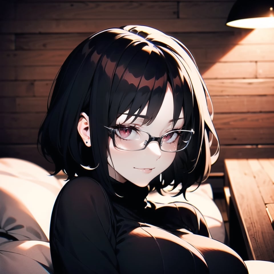 1girl, female, short hair, black hair, (yandere), black sweater, comfy clothes, beautiful face, cute, looking at viewer, soft lips, red eyes, seductive look, soft smile, happy, red hair clipper, chubby face, round face, round big glasses, innocent, big breasts, curvy, indoor background, wooden cabin, wooden walls, on a bed, round_eyewear,MeikoDef