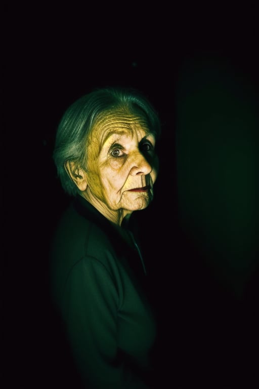 darkness, solo, looking at viewer, surrounded by darkness, black background, emerges from darkness, no light, realistic, indoors, old woman, menacing, unsettleing,monochrome,