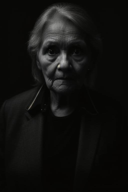 solo, (looking at viewer), facing viewer, surrounded by darkness, black background, emerges from darkness, slightly lightened face, realistic, old woman, standing still, menacing, unsettling, monochrome, upper body