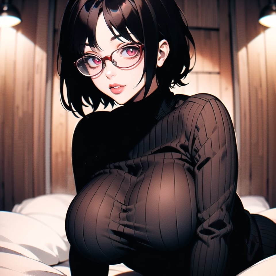 1girl, female, short hair, black hair, (yandere), black sweater, comfy clothes, beautiful face, cute, looking at viewer, soft lips, red eyes, seductive look, soft smile, happy, red hair clipper, chubby face, round face, round big glasses, innocent, big breasts, curvy, indoor background, wooden cabin, wooden walls, on a bed, round_eyewear,MeikoDef