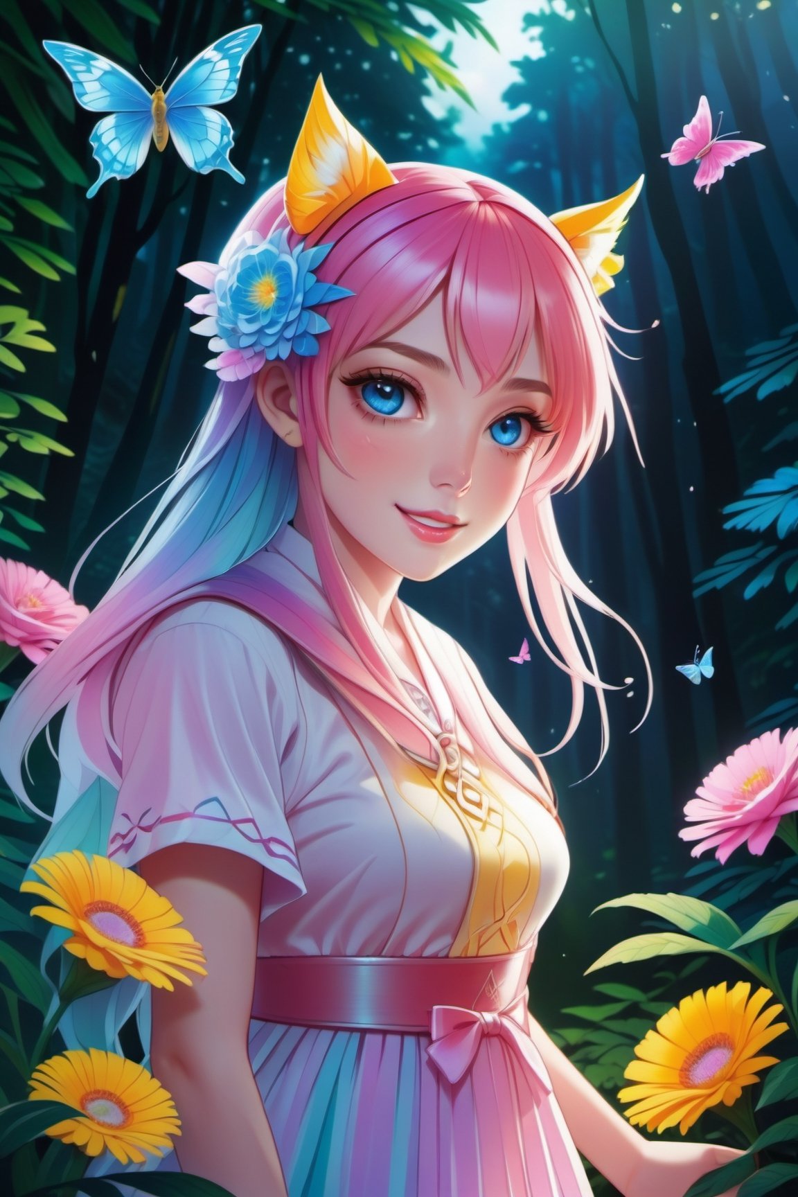 (best quality,4k,8k,highres,masterpiece:1.2),ultra-detailed,(realistic,photorealistic,photo-realistic:1.37),anime girl smile,detailed eyes and face,longeyelashes,beautiful detailed lips,colorful hair,soft lighting,peaceful garden background,flowers,butterflies,summer dress,fresh colors,playful expression,sparkling eyes,cute pose,artistic rendering,dreamy atmosphere