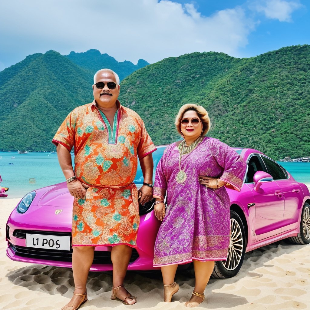 Big bulky muscle Old man, fat Old girl full body, rugged face, masculine face, chubby, sixpack 30 old lovely couple. dressing in colorful Traditional Thai costumes, standing SIDE Porsches Panamera pink car 2020, Summer crowded beach, Crystal sea, Moutain, Stunning viewpoint, PP island, LV Sunglasses, 5 star resort,Cosplay, Fat woman, Fat girl