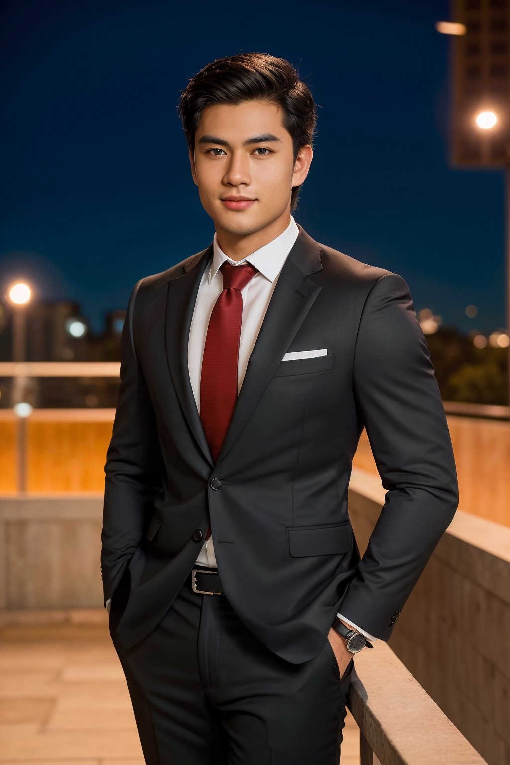 Picture a 23-year-old Indonesian-European crossbreed gentleman in a black suit and red tie, posed for a studio photoshoot. The photorealistic full-body shot showcases him against a plain white background, brilliantly lit with bright white lighting – no distractions. The focus is on the gentleman's sharp attire and presence, ensuring perfect clarity and detail

Marvel at the meticulous craftsmanship of this masterpiece, rated at 1.5, showcasing the best quality and extreme realism. Every detail is razor-sharp, with a focus on the handsome gentleman's face, which is perfect, slightly muscular, and exudes masculinity.

Visualize the subject's attributes: standing at a height of 180 cm, fit, with light brown skin that complements his Asian skintone. His black hair, neatly parted to the left, adds an element of sophistication, along with freckless, dark brown eyes, a mischievous smile, and an oval face with slightly chubby features.

The camera settings for this vibrant and detailed image include the Canon EOS 5D Mark IV, equipped with an 85mm f/1.8 lens, set at f/4.0, ISO 100, and a shutter speed of 1/500 sec. The result is an extremely realistic portrayal, capturing the essence of a handsome man against the enchanting backdrop of a city bathed in the glow of nighttime lights.