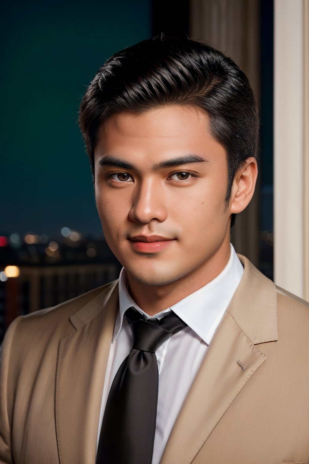 Picture a 23-year-old Indonesian-European crossbreed gentleman in a black suit and red tie, posed for a studio photoshoot. The photorealistic full-body shot showcases him against a plain white background, brilliantly lit with bright white lighting – no distractions. The focus is on the gentleman's sharp attire and presence, ensuring perfect clarity and detail

Marvel at the meticulous craftsmanship of this masterpiece, rated at 1.5, showcasing the best quality and extreme realism. Every detail is razor-sharp, with a focus on the handsome gentleman's face, which is perfect, slightly muscular, and exudes masculinity.

Visualize the subject's attributes: standing at a height of 180 cm, fit, with light brown skin that complements his Asian skintone. His black hair, neatly parted to the left, adds an element of sophistication, along with freckless, dark brown eyes, a mischievous smile, and an oval face with slightly chubby features.

The camera settings for this vibrant and detailed image include the Canon EOS 5D Mark IV, equipped with an 85mm f/1.8 lens, set at f/4.0, ISO 100, and a shutter speed of 1/500 sec. The result is an extremely realistic portrayal, capturing the essence of a handsome man against the enchanting backdrop of a city bathed in the glow of nighttime lights.