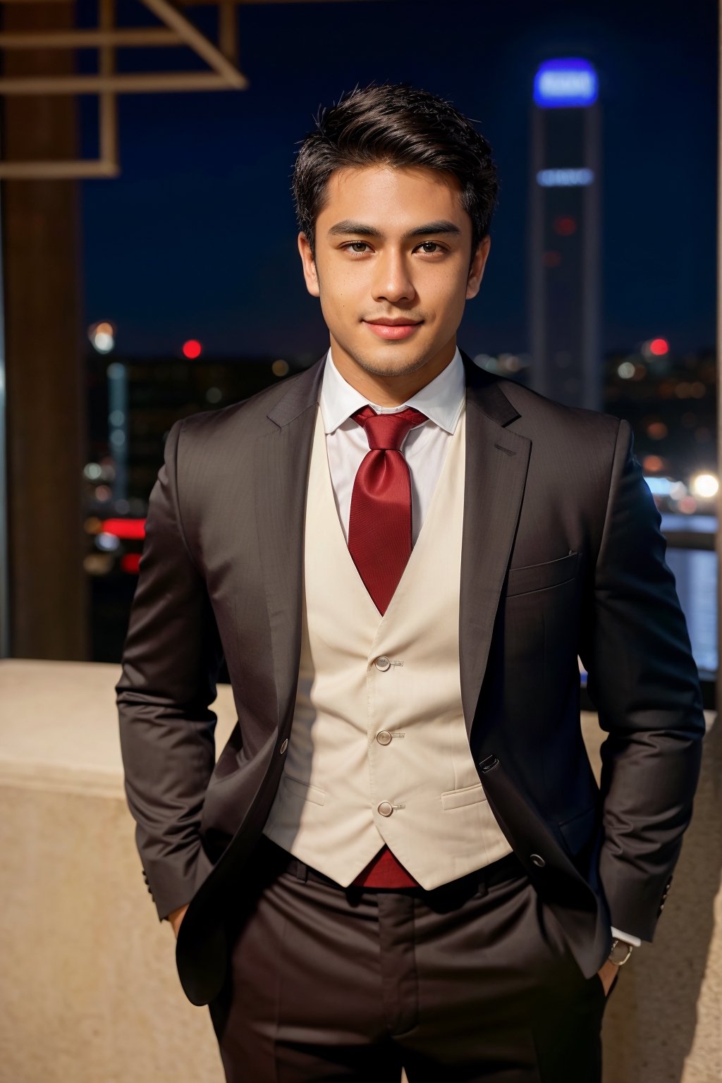 Transport yourself into the world of a 23-year-old Indonesian and European crossbreed gentleman preparing for a photoshoot. Picture him dressed in a sharp black suit paired with a striking red tie, standing against the backdrop of a dazzling cityscape at night. The ultra-detailed full-body shot, captured in a photorealistic studio setting, features a plain white background illuminated by bright white lighting, ensuring no yellow light interferes.

Marvel at the meticulous craftsmanship of this masterpiece, rated at 1.5, showcasing the best quality and extreme realism. Every detail is razor-sharp, with a focus on the handsome gentleman's face, which is perfect, slightly muscular, and exudes masculinity.

Visualize the subject's attributes: standing at a height of 180 cm, fit, with light brown skin that complements his Asian skintone. His black hair, neatly parted to the left, adds an element of sophistication, along with freckless, dark brown eyes, a mischievous smile, and an oval face with slightly chubby features.

The camera settings for this vibrant and detailed image include the Canon EOS 5D Mark IV, equipped with an 85mm f/1.8 lens, set at f/4.0, ISO 100, and a shutter speed of 1/500 sec. The result is an extremely realistic portrayal, capturing the essence of a handsome man against the enchanting backdrop of a city bathed in the glow of nighttime lights.