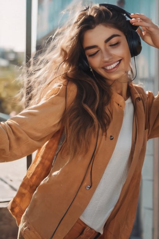 realistic photo of beautiful 20 year old latina girl with long brown hair listening to music through her mobile phone 