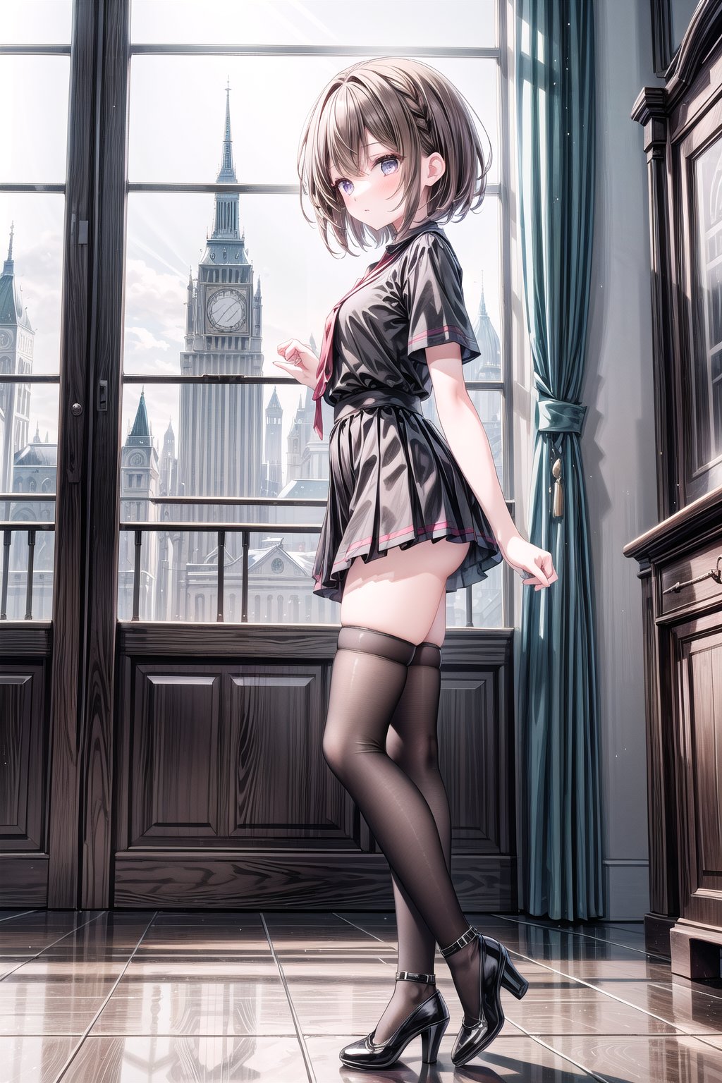 1girl, solo, short hair, brown hair, shirt, thighhighs, standing, full body, short sleeves, black thighhighs, indoors, black footwear, high heels, from side, zettai ryouiki, black shirt, black underwear, 