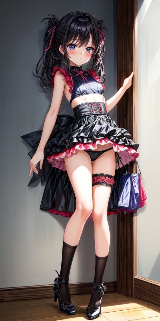 Masterpiece, best quality, official_art, wallpaper, 1girl, tall,  dynamic lighting, sexy pose, 9 years old, cute tight loli bikini, loli, show underwear, upskirting, small boob, black underwear, black stocking, fighting_stance, show full body, high heels, backward walkover with change of legs, fighting, no dress, Korean girl