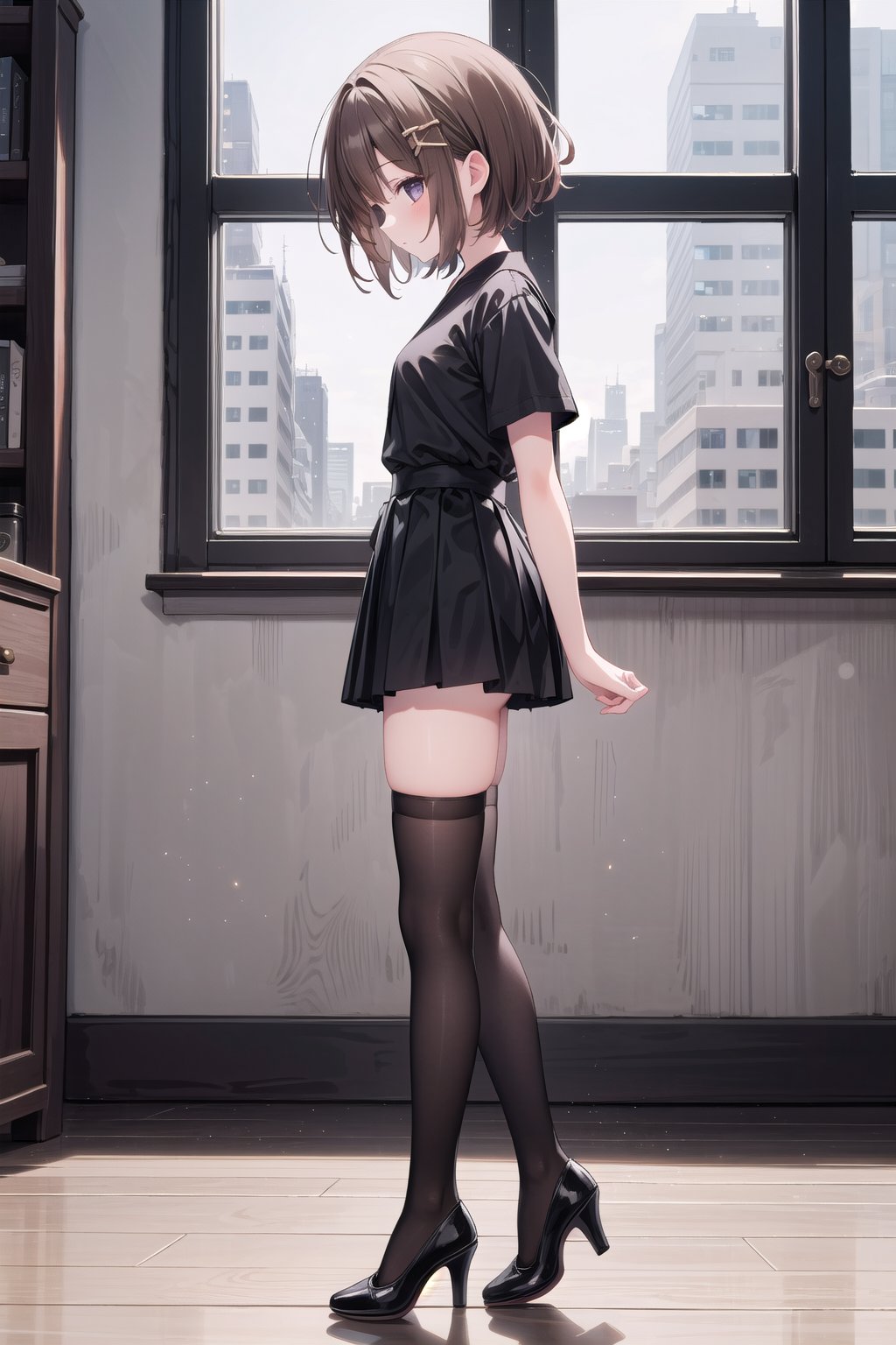 1girl, solo, short hair, brown hair, shirt, thighhighs, standing, full body, short sleeves, black thighhighs, indoors, black footwear, high heels, from side, zettai ryouiki, black shirt, stretching