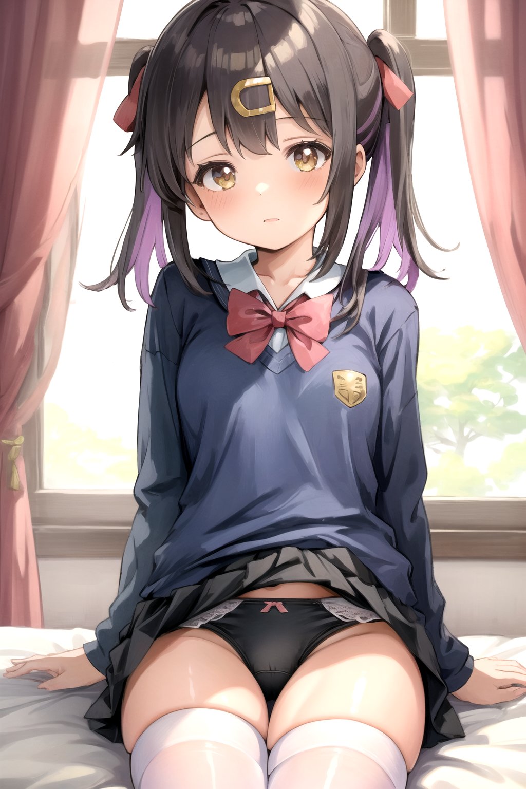 //Quality,
masterpiece, best quality
,//Character,
1girl, solo, 12 years old cute girl

,//Others,
wrinkled clothes
Student uniform 
white stocking
Sexy
Black underwear
Sitting
show legs
oyama_mihari