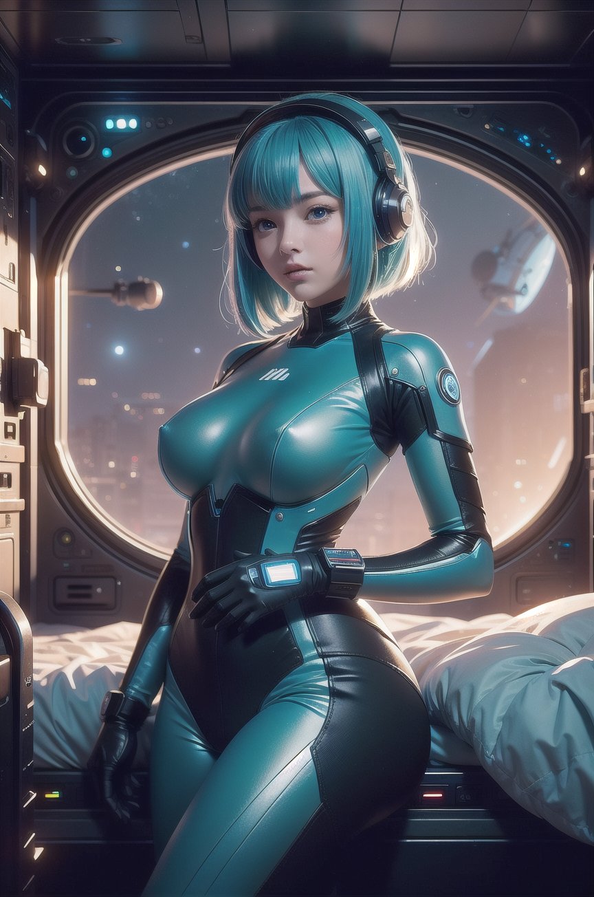 (masterpiece), science fiction, scenery,  1girl, short hair, bangs, aqua hair color, light blue eyes, mecha headgear, sci-fi bodysuits, In the space station room of the universe, The girl is 18 years old, with big eyes, a pear-shaped figure, beautiful and moving. She is wearing a tight-fitting dress full of technology, science fiction, future technology headphones, bracelets, cyberpunk style. The room is full of high-tech electronic equipment, and the bed is close to the floor-to-ceiling glass, where you can see the galaxy and the distant earth through the window. Highly detailed, in the style of Makoto Shinkai’s movies. 8K, big boob, show boob