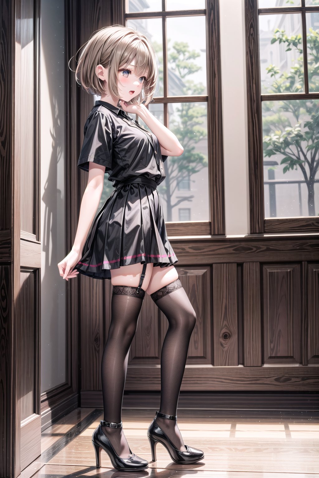 1girl, solo, short hair, brown hair, shirt, thighhighs, standing, full body, short sleeves, black thighhighs, indoors, black footwear, high heels, from side, zettai ryouiki, black shirt, stretching, yawning 