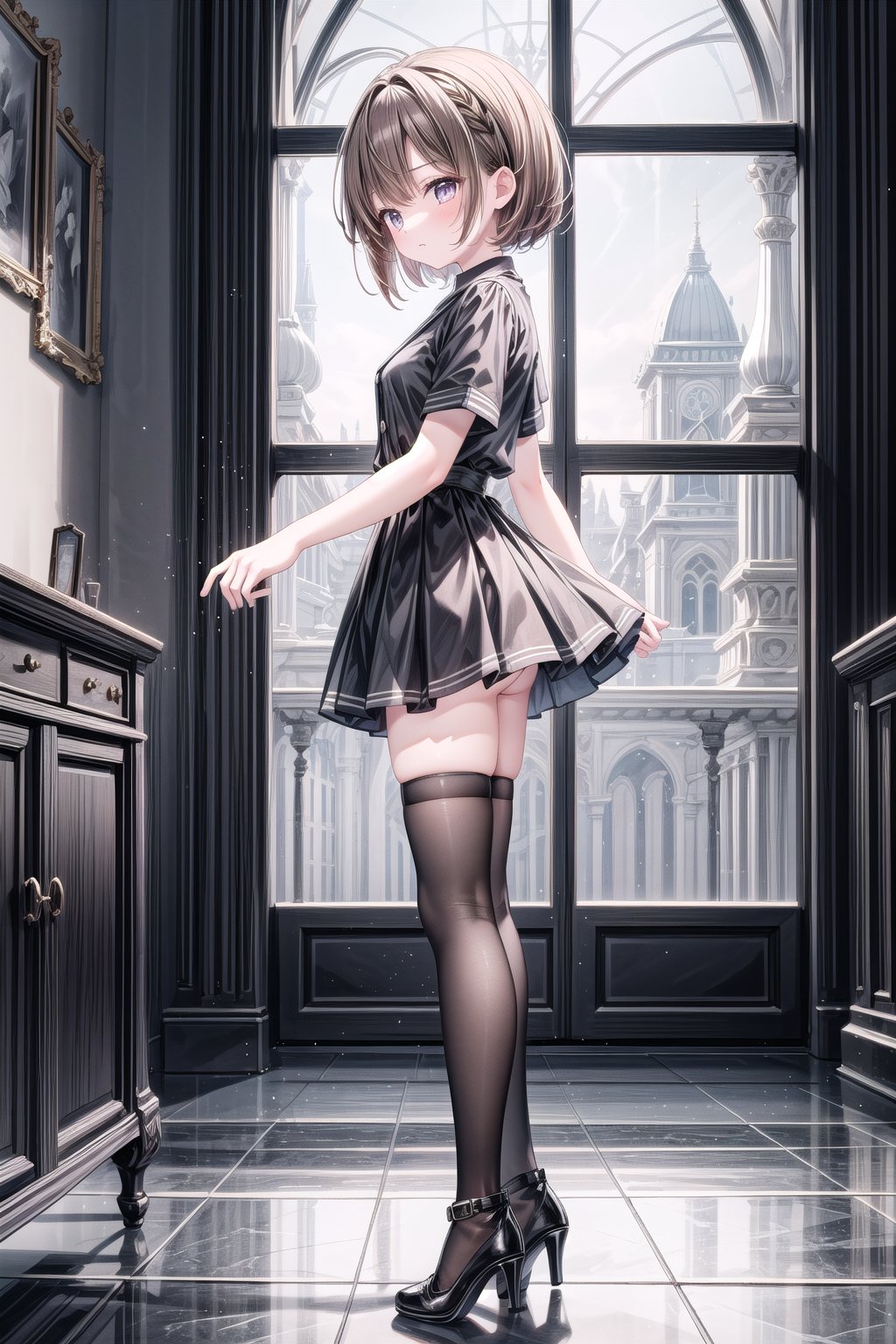 1girl, solo, short hair, brown hair, shirt, thighhighs, standing, full body, short sleeves, black thighhighs, indoors, black footwear, high heels, from side, zettai ryouiki, black shirt, 