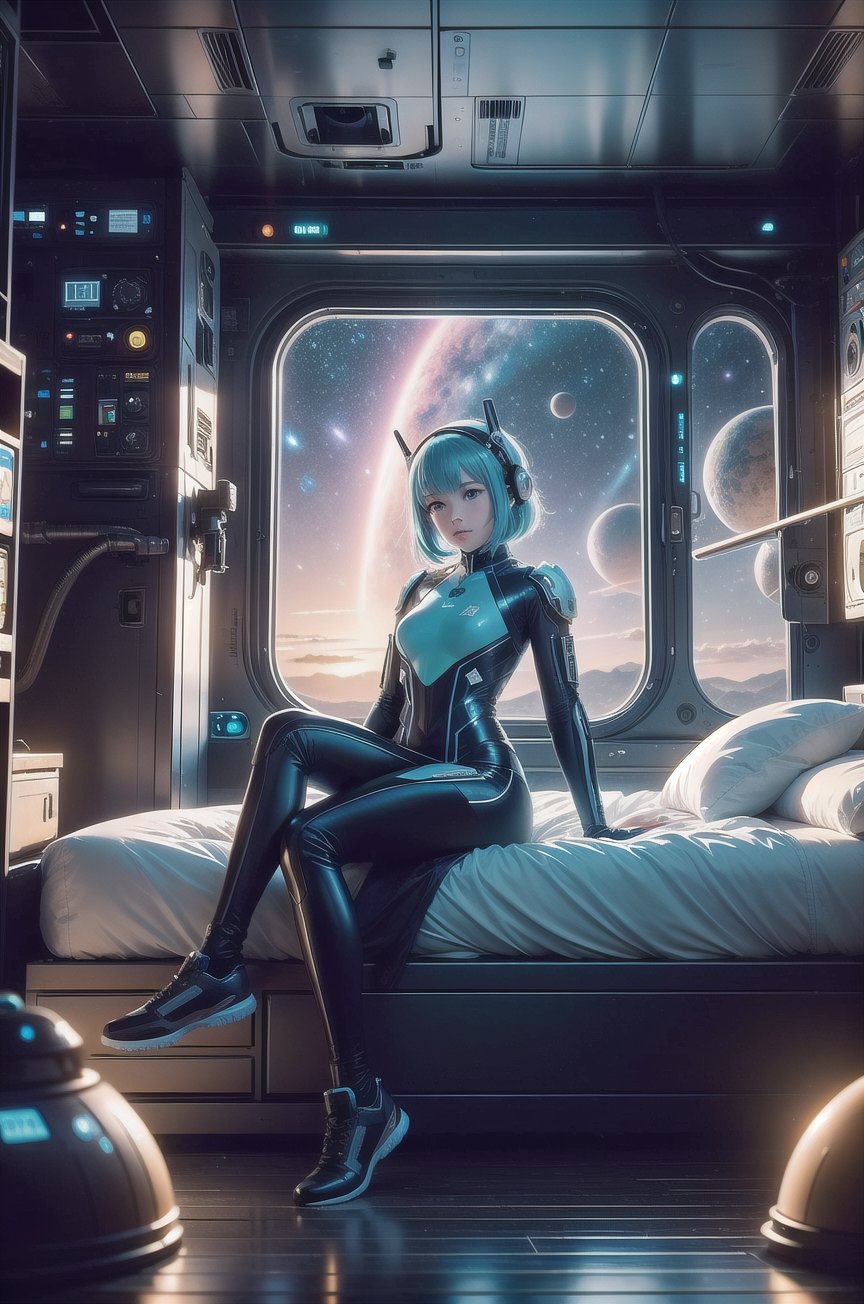 (masterpiece), science fiction, scenery,  1girl, short hair, bangs, aqua hair color, light blue eyes, mecha headgear, sci-fi bodysuits, In the space station room of the universe, The girl is 18 years old, with big eyes, a pear-shaped figure, beautiful and moving. She is wearing a tight-fitting dress full of technology, science fiction, future technology headphones, bracelets, cyberpunk style. The room is full of high-tech electronic equipment, and the bed is close to the floor-to-ceiling glass, where you can see the galaxy and the distant earth through the window. Highly detailed, in the style of Makoto Shinkai’s movies. 8K, medium sized boob, coverboob, stretching