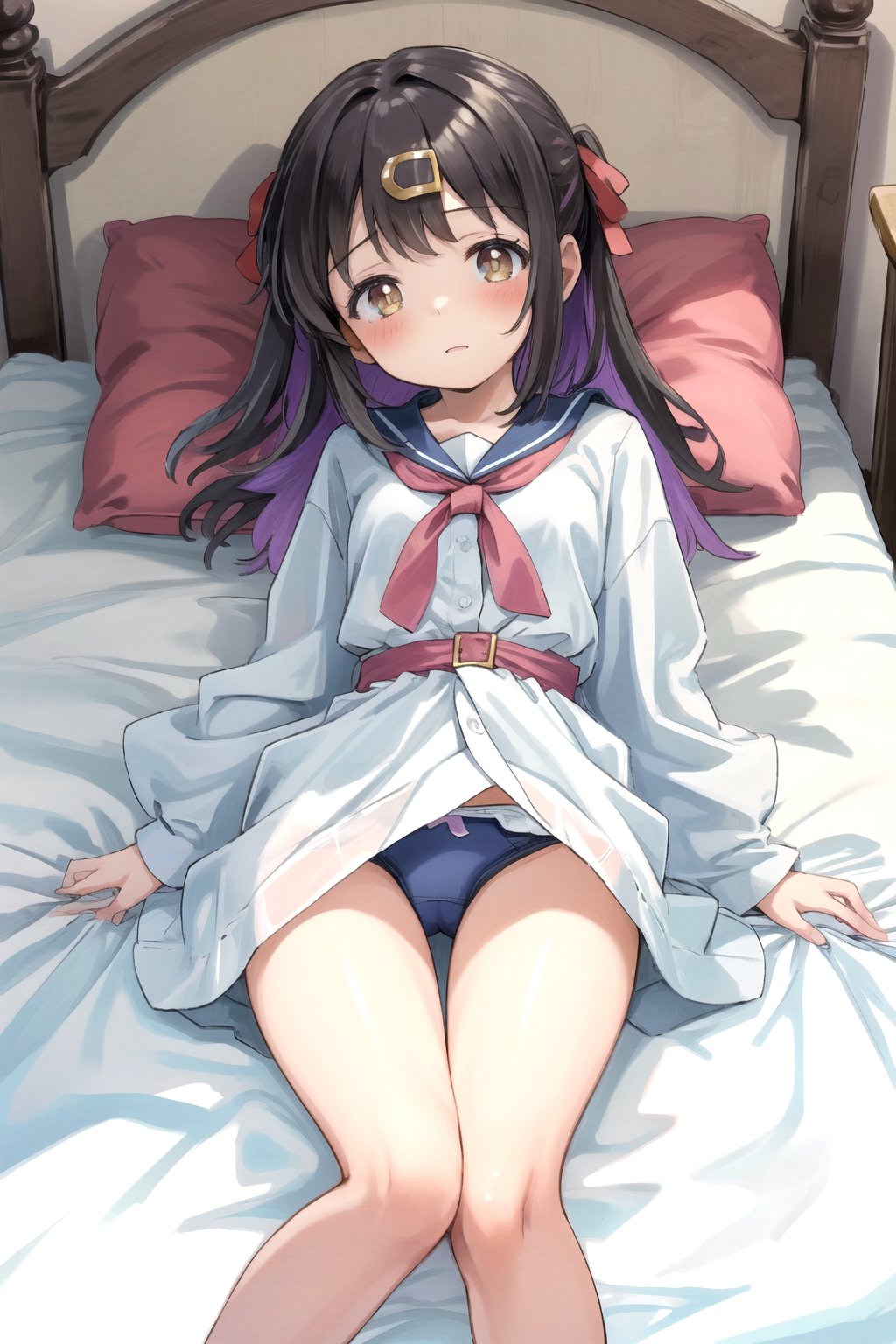 //Quality,
masterpiece, best quality
,//Character,
1girl, solo, 12 years old cute girl

,//Others,
wrinkled clothes
underwear
white stocking


Lying on bed 
show legs
oyama_mihari