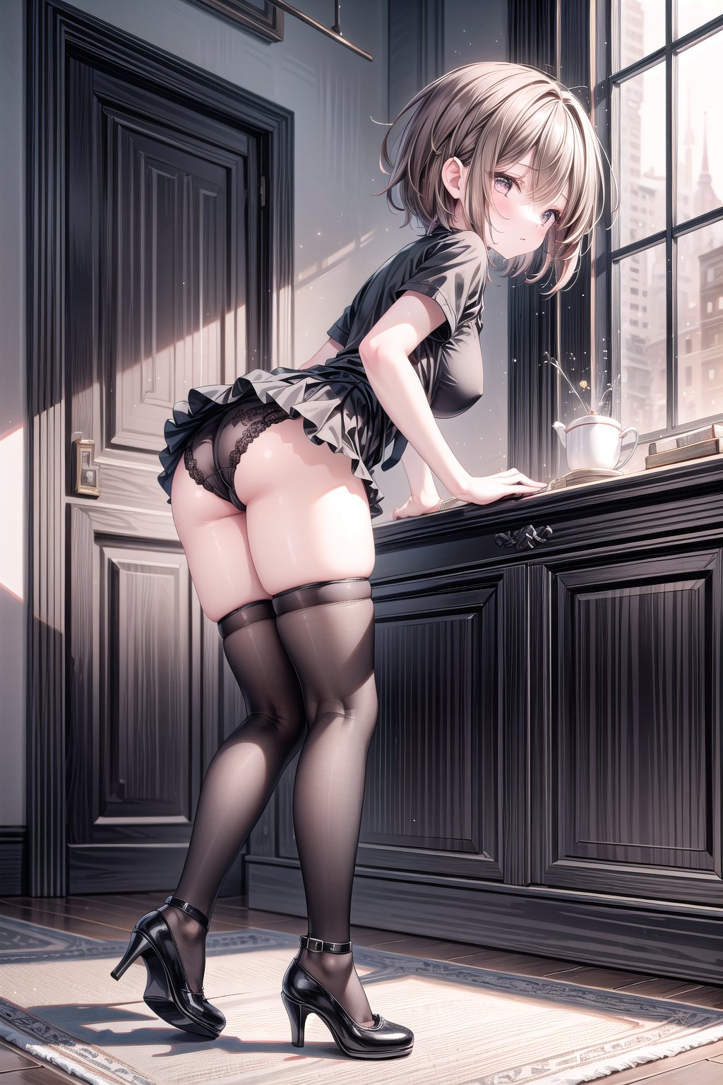 1girl, solo, short hair, brown hair, shirt, thighhighs, standing, full body, short sleeves, black thighhighs, indoors, black footwear, high heels, from side, zettai ryouiki, black shirt, black underwear, gets raped