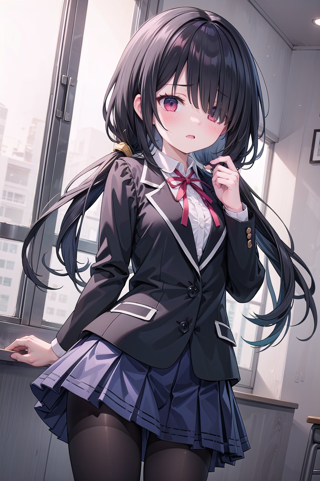 (masterpiece, best quality, glowing light, ultra detailed), high_resolution, perfect_eyes, perfect_anatomy, 

((1girl)), solo, front_view, standing, cowboy_shot, hair_over_one_eye, low_twintails, school_uniform, black_jacket, blue_skirt, neck_ribbon, hair_over_shoulder, black_pantyhose, embarassed, blush, black_hair, day, indoors, school,KurumiSchool, hair over one eye, low twintails,