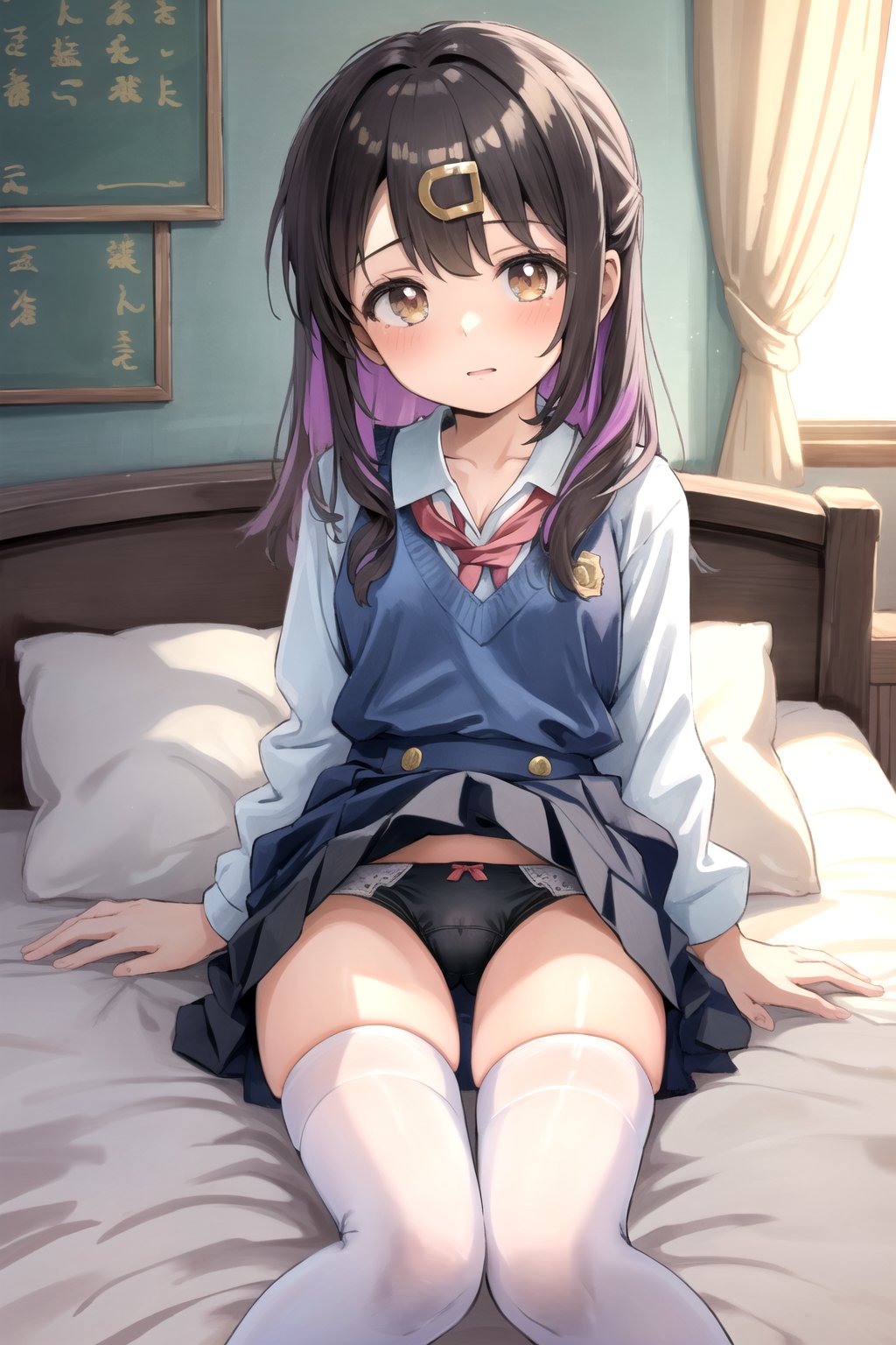 //Quality,
masterpiece, best quality
,//Character,
1girl, solo, 12 years old cute girl

,//Others,
wrinkled clothes
Student uniform 
white stocking

Black underwear
Lying on bed 
show legs
oyama_mihari