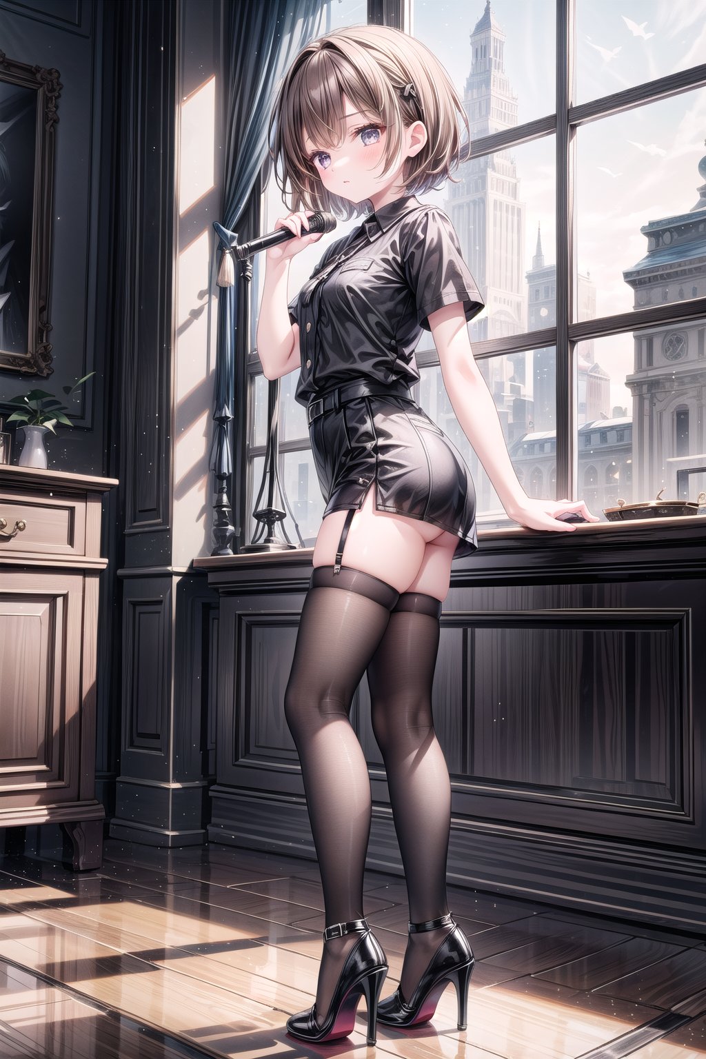 1girl, solo, short hair, brown hair, shirt, thighhighs, standing, full body, short sleeves, black thighhighs, indoors, black footwear, high heels, from side, zettai ryouiki, black shirt, black underwear