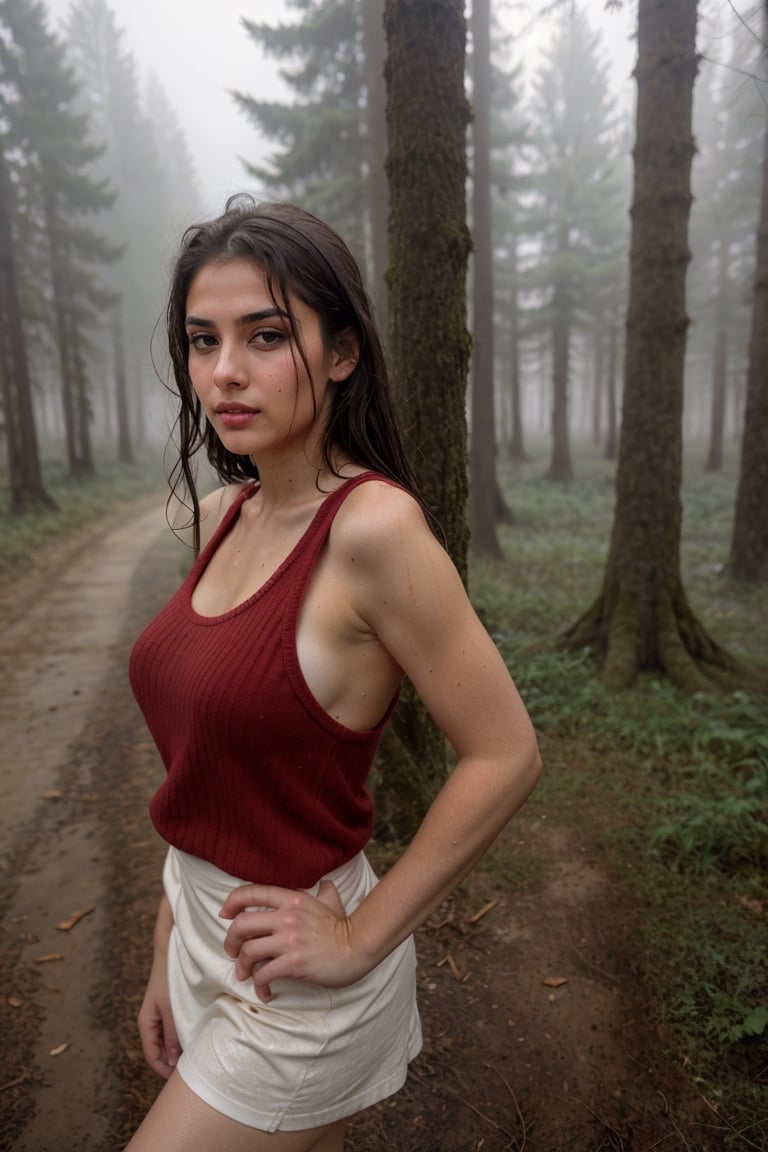 45 year old european women , wearing red tanktop and skirt, wet hair, foggy forest, 